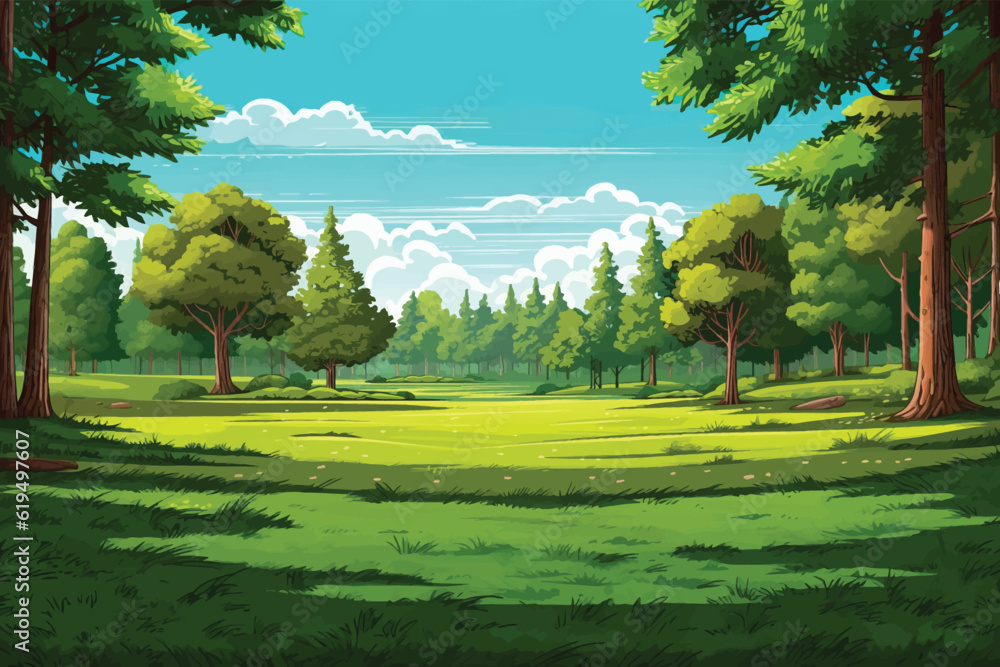 Vector flat green landscape illustration with trees and grass Stock ...