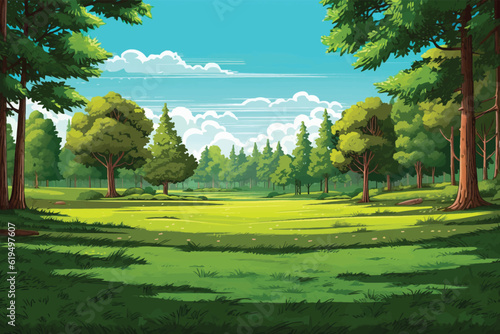 Vector flat green landscape illustration with trees and grass