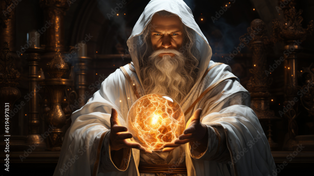 statue of the person in the night, a wizard in white robes offering an orb, generative ai statue of the person in the night, a wizard in white robes offering an orb, generative ai