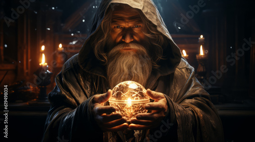 statue of the person in the night, a wizard in white robes offering an orb, generative ai © TheGoldTiger