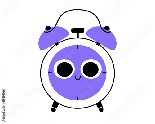 Hand drawn cute illustration of alarm clock character. Flat vector morning wake up in colored doodle style. Education or study mascot sticker, icon. Back to school. Isolated on white background.