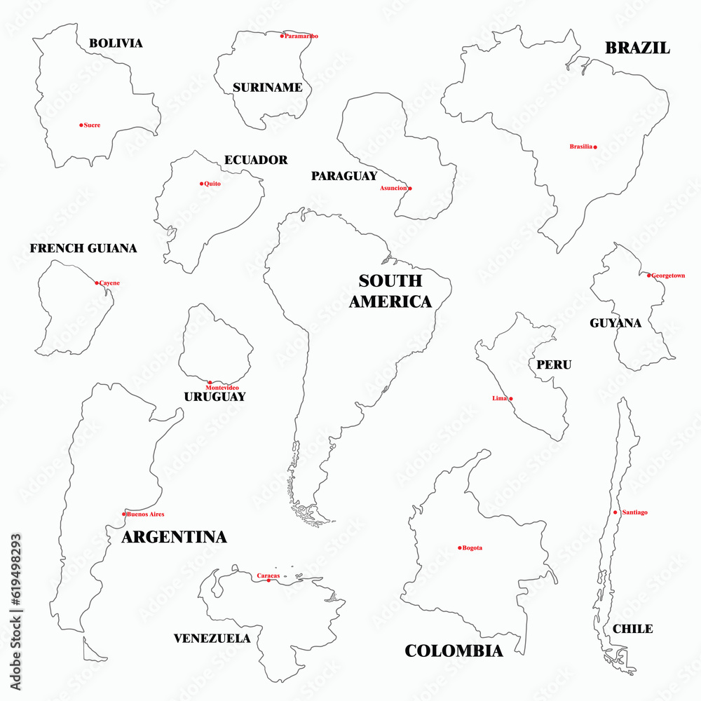 Obraz premium Doodle freehand drawing of Sourh America countries map.