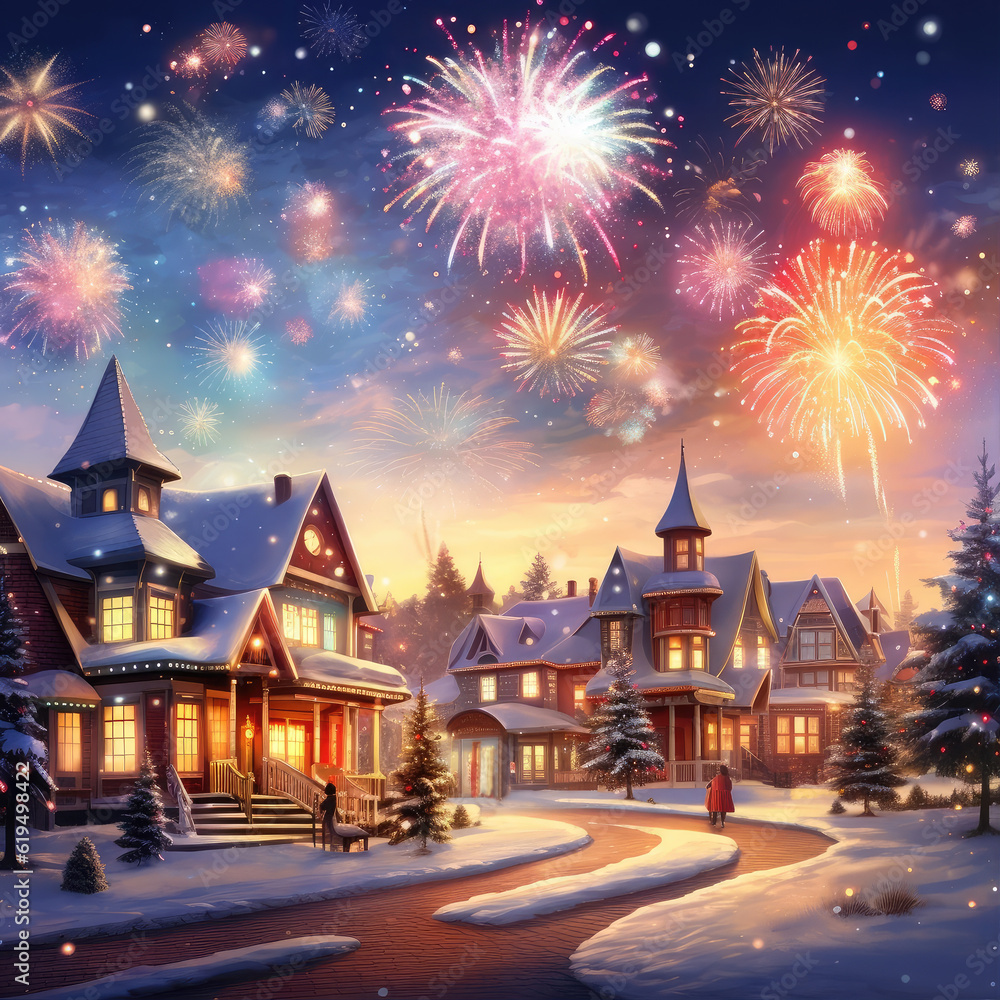 Naklejka premium Winter festive background. New Year's winter garden with decorated Christmas trees, lights, garlands. 3D . Raster illustration. Beautiful houses New Year fireworks Generative AI technology