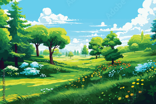 Vector flat green landscape illustration with trees and flowers