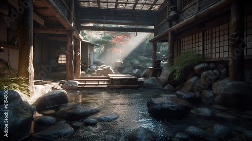 Japanese temple in the garden with light beam,3d rendering.