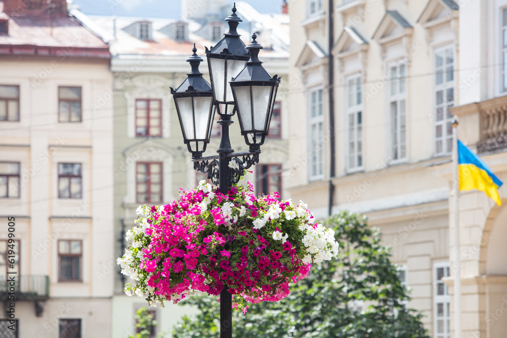 Closeup of lantern on Market square in Lviv