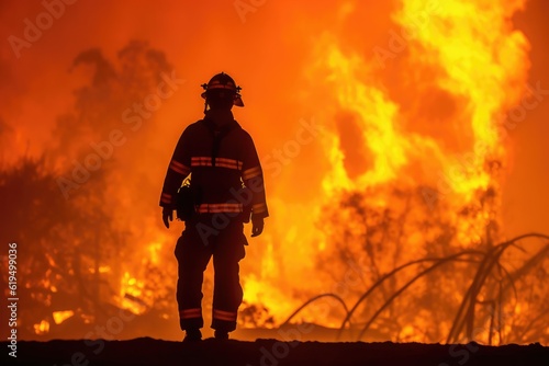 A firefighter stands bravely against a raging inferno. Generative AI