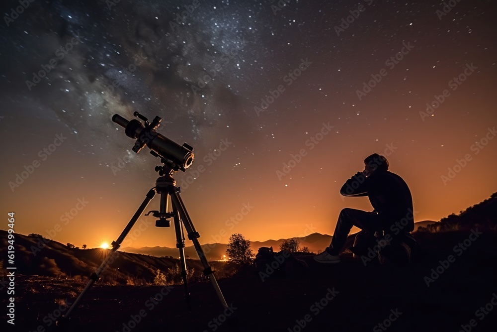 A stargazer perches on a hill, his telescope pointed towards the night sky's celestial bodies. Generative AI