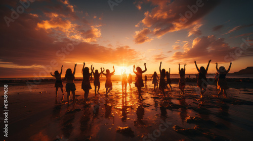 sunset at the beach, asia group of people jumping on the beach, generative ai © TheGoldTiger