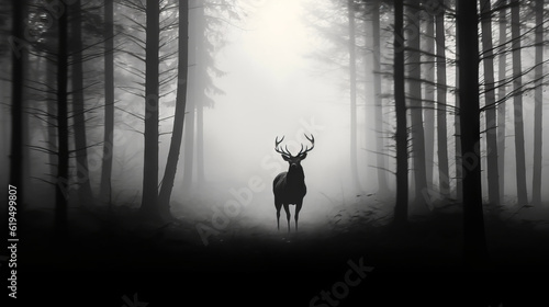 misty morning in the forest, deer in misty foggy forest, generative ai © TheGoldTiger