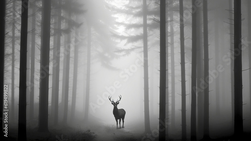 misty morning in the forest, deer in misty foggy forest, generative ai © TheGoldTiger