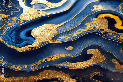 Blue and golden acrylic liquid ink swirl abstract background with ravishing turbulence wavy pattern and detailed texture. Luxury fluid liquid art by Generative AI.