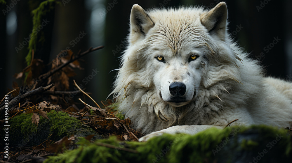 gray wolf canis lupus, wolf lying on ground, generative ai