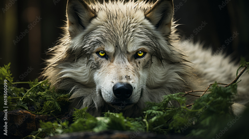 Fototapeta premium gray wolf canis lupus, wolf lying on ground, generative ai