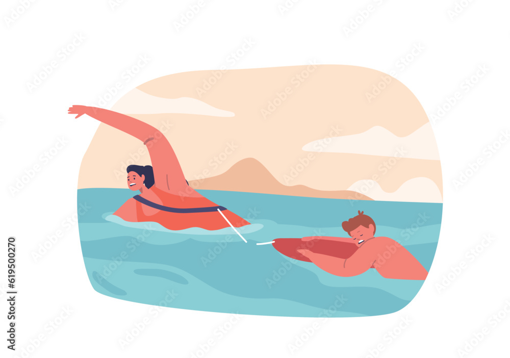 Fototapeta premium Beach Guard Character Rescues Child From Water Pulling Little Boy on Buoy. Swift And Heroic Action Prevents Drowning