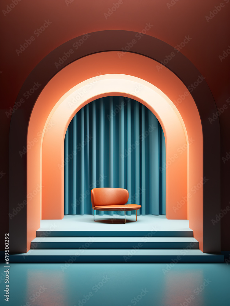 Mockup, dark blue and terracotta round podium. Food or product display pedestal, stage design, generative AI Mockup, dark blue and terracotta round podium. Food or product display pedestal, stage design, generative AI