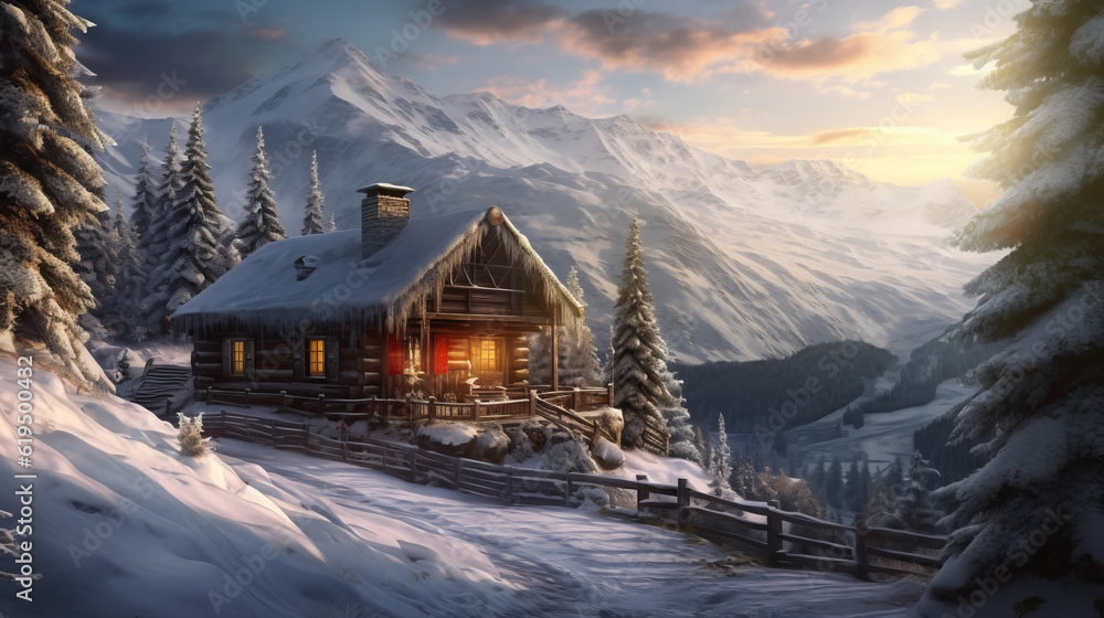 winter sunset in the mountains, beautiful winter hut in stunning mountains, generative ai