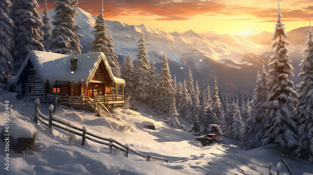 winter sunset in the mountains, beautiful winter hut in stunning mountains, generative ai winter sunset in the mountains, beautiful winter hut in stunning mountains, generative ai