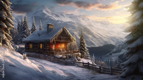 winter sunset in the mountains, beautiful winter hut in stunning mountains, generative ai © TheGoldTiger