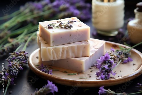 Organic handmade lavender soap and lavender flowers on dark table