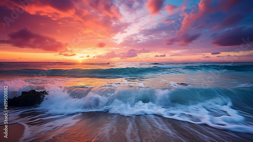 Colorful sunset over the sea. Beautiful seascape. Dramatic sky. By Generative AI.