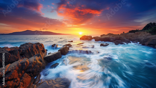 View of beautiful ocean waves hitting the rocks at the shore. Beautiful seascape. Sunset over the sea. Long exposure. By Generative AI.