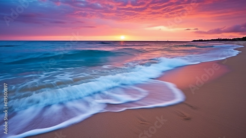 Beautiful vibrant color sunset on the beach. Colorful sky, sea and sand. By Generative AI. © Teerapong