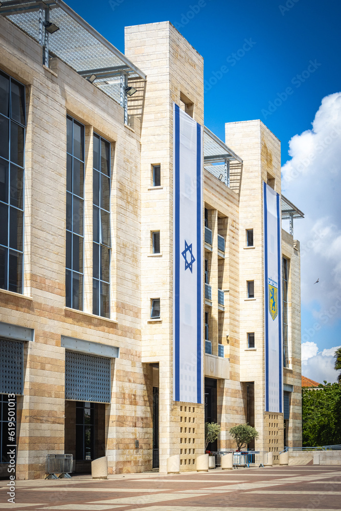city hall of Jerusalem, israel, municipality, flag, blue, white, israeli flag, middle east