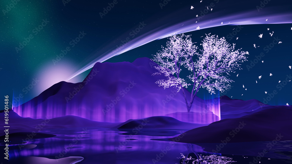 Fototapeta premium 3d render Surreal dune landscape background with alone tree, abstract fantastic desert dune in seasoning landscape environment, panoramic, futuristic scene with copy space, blue sky and cloudy