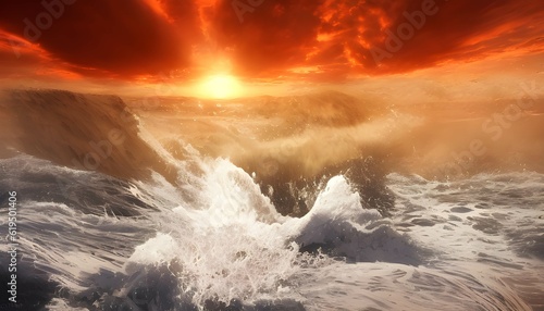 燃えるように赤い夕日と海