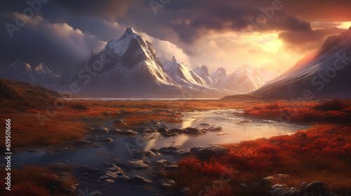 sunset in the mountains, breathtaking nature landscape, generative ai © TheGoldTiger