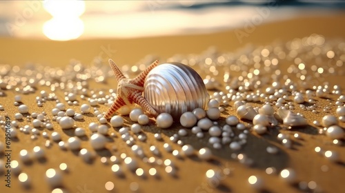 sea shell on the beach at early morning, multicolor stones on the beach real tropical vibe background water and the sandy beach perfect golden hours relaxing sunny day at the beach ocean coastline 