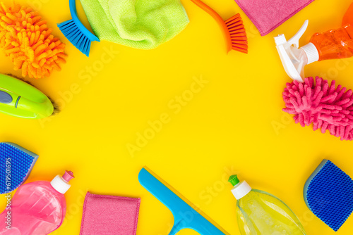 Cleaning service concept. Various cleaning iteams and supplies for housework