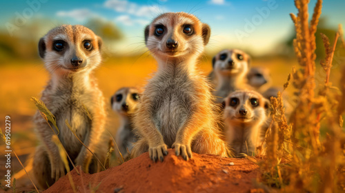 meerkat standing on a rock, a lot of cute meerkat, generative ai