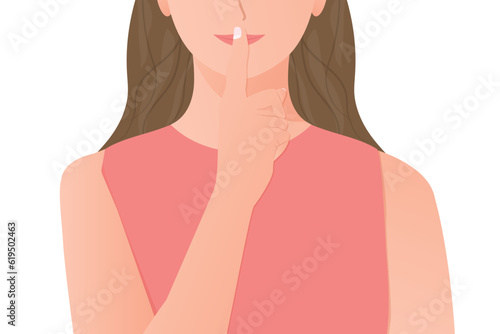 woman with finger on her lips, showing silent gesture; concept of privacy, keeping secret- vector illustration