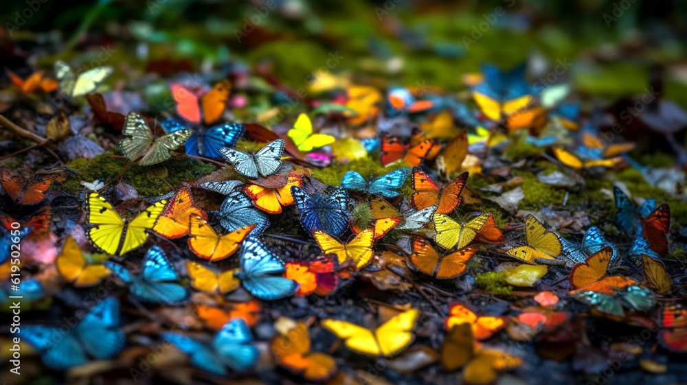 Nature's Artistry: Hundreds of Colorful Butterflies in the Forest.