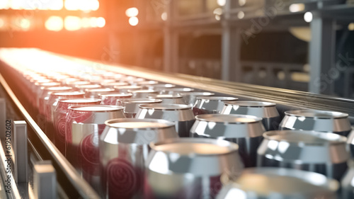 Canvas Print Empty new aluminum cans for drink process in factory line on conveyor belt machine at beverage manufacturing