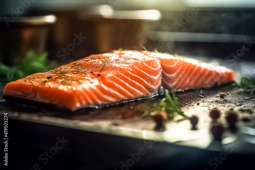 Tasty roasted salmon steak cooking with vegetables. 