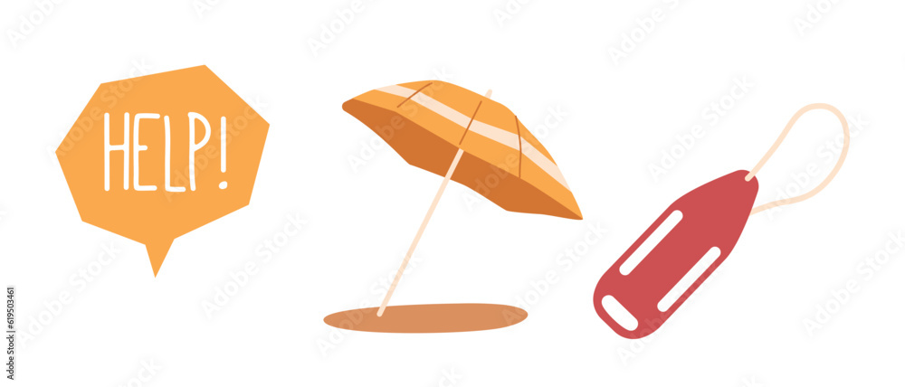 Life Buoy, Umbrella and Help Speech Bubble Isolated Icon Represent Safety And Protection, Offering Shelter From Dangers
