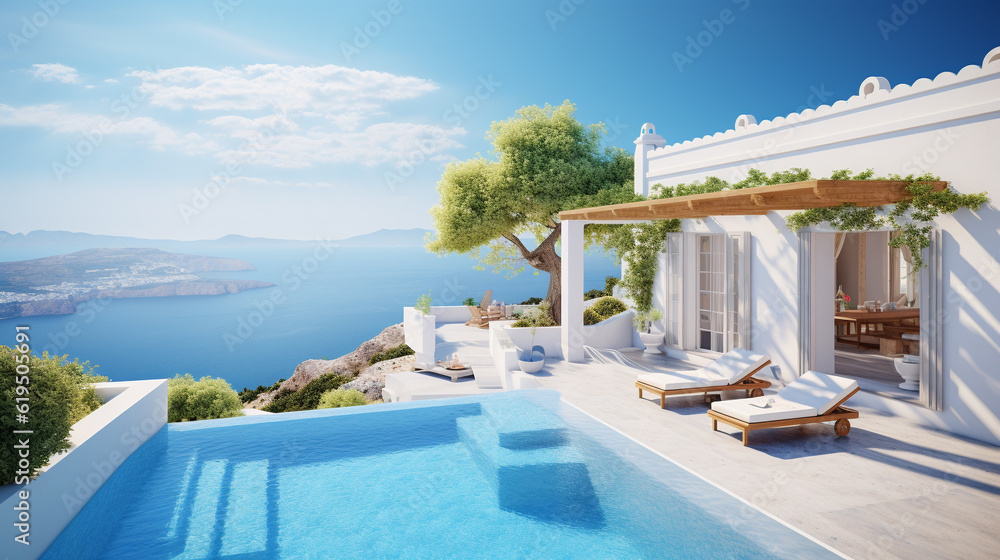 Fototapeta premium Traditional Mediterranean white house with pool on hill with stunning sea view. Summer vacation background. Created with generative Ai