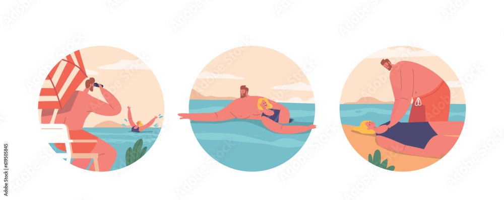 Isolated Round Icons Or Avatars Of Lifeguard Characters On Beach. People Responsible For Ensuring Safety Isolated Round Icons Or Avatars Of Lifeguard Characters On Beach. People Responsible For Ensuring Safety