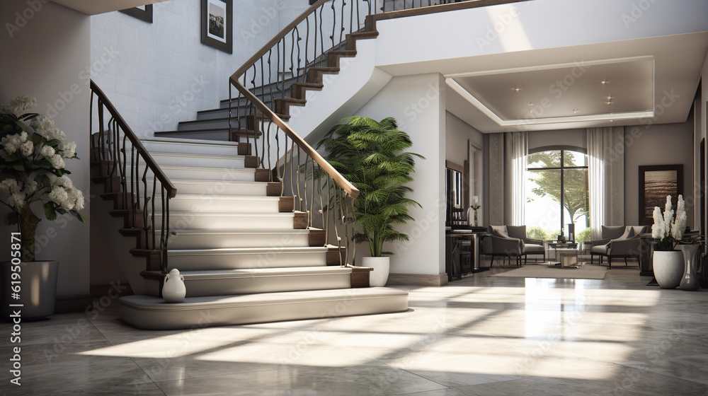 Obraz premium Interior design of modern entrance hall with staircase in villa. Created with generative AI.
