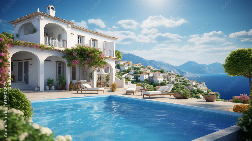 Traditional Mediterranean white house with pool on hill with stunning sea view. Summer vacation background. Created with generative Ai
