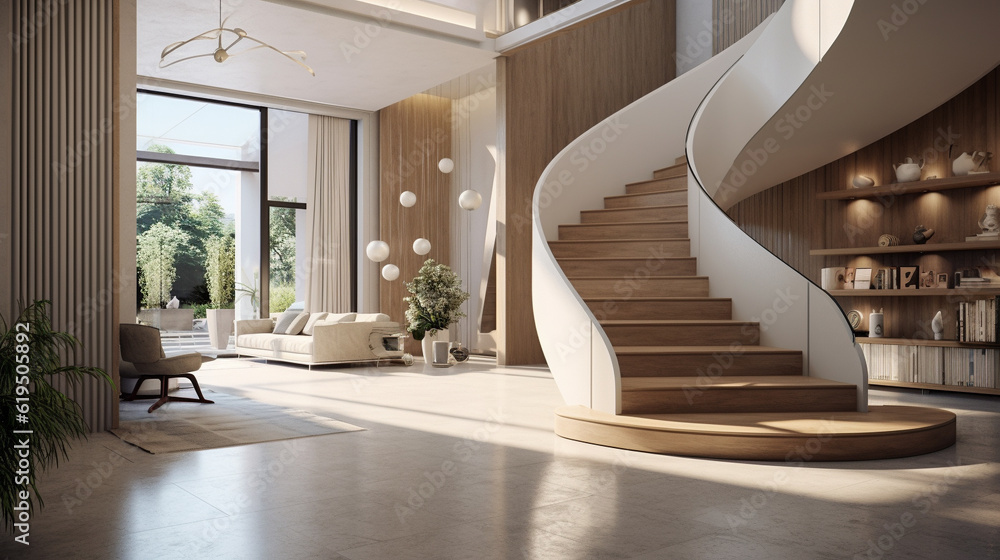 Interior design of modern entrance hall with staircase in villa. Created with generative AI. Interior design of modern entrance hall with staircase in villa. Created with generative AI.