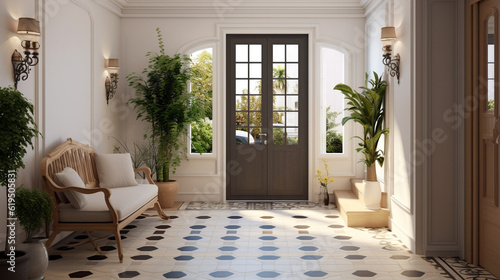 Mediterranean interior design of modern entrance hall with grid door. Created with generative AI