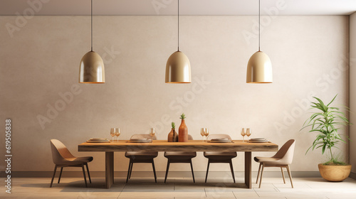 Minimalist interior design of modern dining room with brass pendant lights against beige stucco wall. Created with generative AI