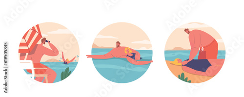 Isolated Round Icons Or Avatars Of Lifeguard Characters On Beach. People Responsible For Ensuring Safety