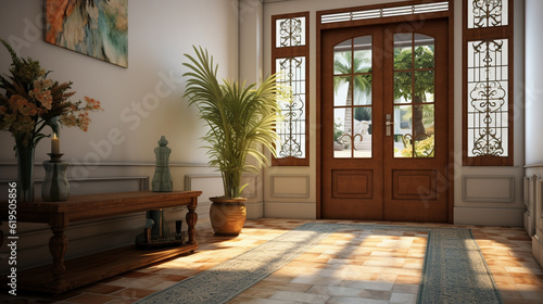 Mediterranean interior design of modern entrance hall with grid door. Created with generative AI