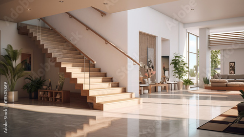 Interior design of modern entrance hall with staircase in villa. Created with generative AI