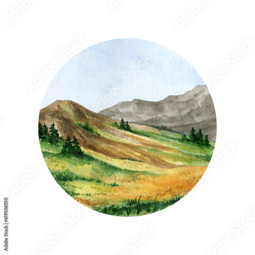 Watercolor bright and picturesque landscape. Hand drawn nature in a circle.